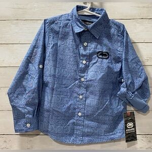 Ecko Unltd Youth Blue All Over Logo Print Long Sleeve Button Shirt Size 5